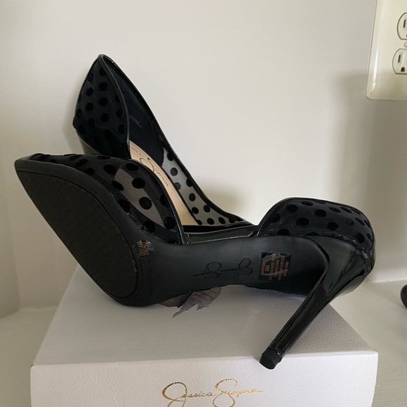 Chic Black Mesh Polka Dot Heels - Picture 2 of 4